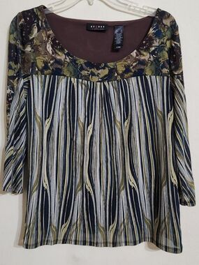 Axcess Navy, Olive and Cream Striped Scoop Neck Tunic with Floral Yoke